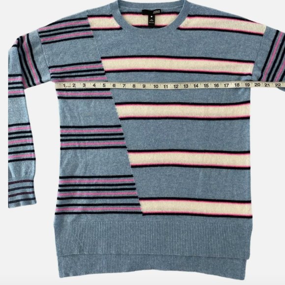 AQUA Cashmere High Low Crewneck 100% Cashmere Sweater Striped Blue Pink (Small) - Picture 6 of 6